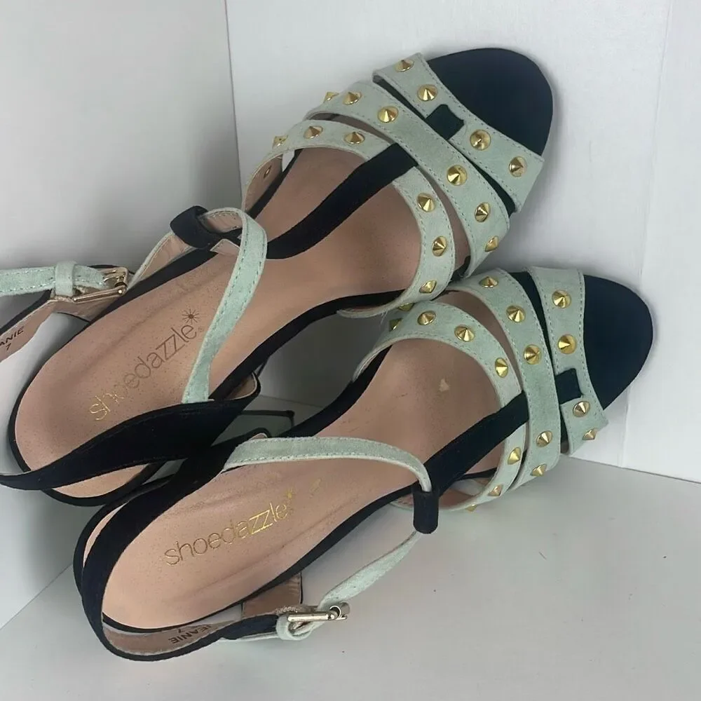 Gold Spiked Caged Faux Suede T-Strap Heels 7